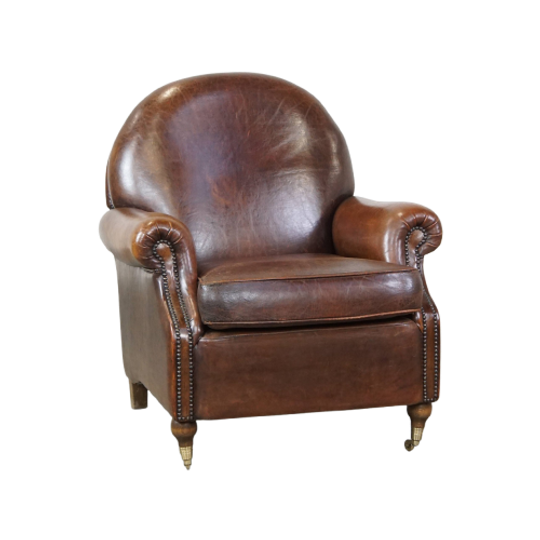 Klassieke, Donkere, In Goede Staat Verkerende Schapenleren Armchair Op Wieltjes 1
