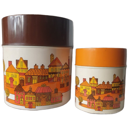 Retro Japanse Blikken Jaren 70 Oranje Bruine Huisjes 2st 1