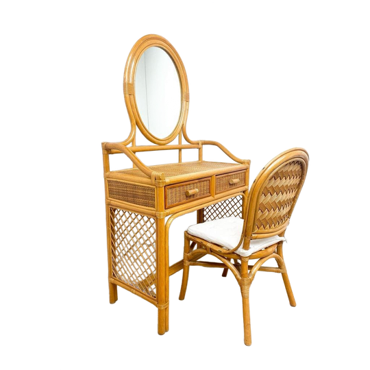 Vintage Rotan Rieten Kaptafel Make-up Tafel, Spiegel 1