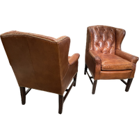 2 X Stoere Industriële Chesterfield Oorfauteuils In Generfd Cognac Vintage Leder Ralph Lauren