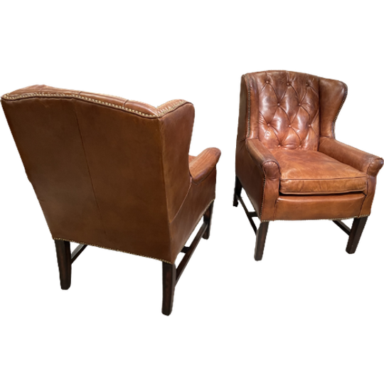 2 X Stoere Industriële Chesterfield Oorfauteuils In Generfd Cognac Vintage Leder Ralph Lauren 1