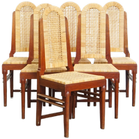 Unieke Set Van 6 Houten Art Deco Design Eetkamerstoelen Met Een Rieten Zitting En Rugleuning