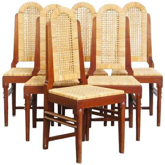 Unieke Set Van 6 Houten Art Deco Design Eetkamerstoelen Met Een Rieten Zitting En Rugleuning 1