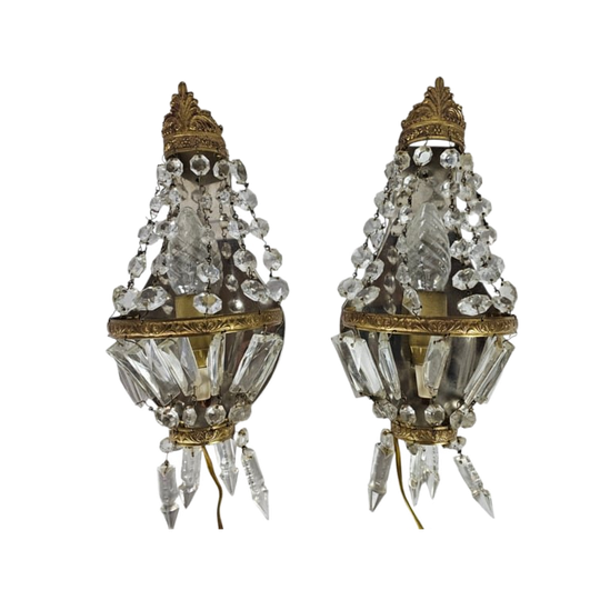 Vintage - Verguld - Kristallen - Set Wandlampen - Frankrijk - 2e Helft 20e Eeuw 1