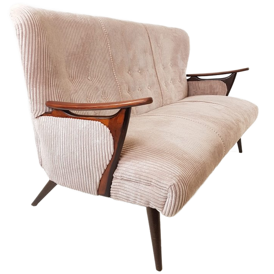 Vintage Roze Bankje Ribstof Teakhout Lichtroze Rib 1