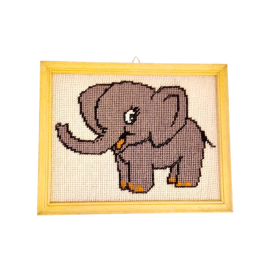 Vintage Lijstje Olifant Geborduurd Schilderijtje Retro Lijst 1