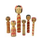 Lot Van 6 Kokeshi Poppen Handgeschilderd Hout Japan Showa thumbnail 1