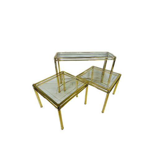 3 Koperen Tafels. Sidetable En Bijzettafels. Unieke Hollywood Regency Set Brass Tafels.