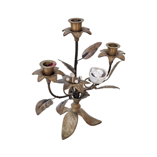 Mn30 – Kandelaar -bloemen Porselein – Kerkkandelaar – Messing 1