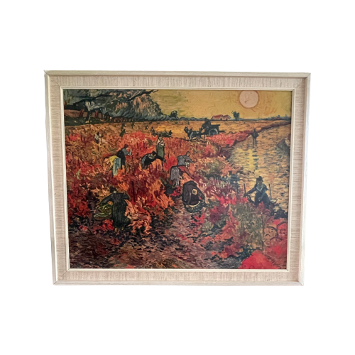 Vincent Van Gogh “De Rode Wijngaard”, Op Board. Vintage Reproductie In Originele Houten Lijst.