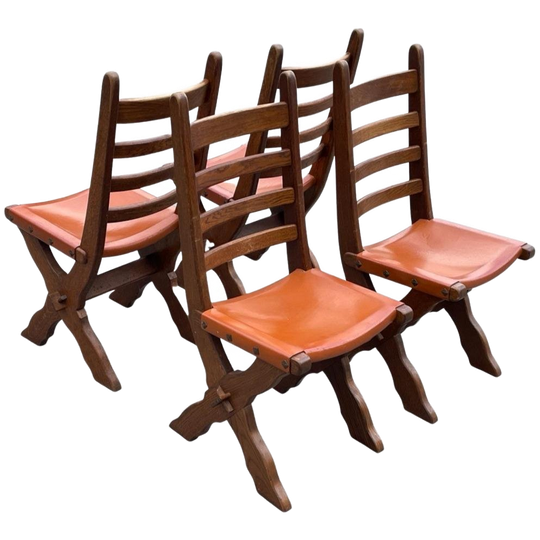 Vintage Set Van Vier Brutalist Eetkamerstoelen Eiken 1