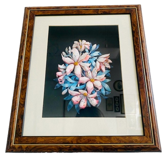 Vintage Ingelijste 3d-papieren Sculptuur Met Bloemen 1