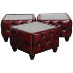 Set Van 3 Rundleren Chesterfield Bijzet/ Salontafels In Een Mooie Rode Kleur Met Glazen Bladen thumbnail 1