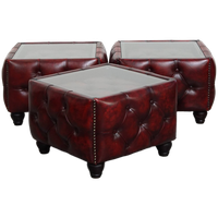 Set Van 3 Rundleren Chesterfield Bijzet/ Salontafels In Een Mooie Rode Kleur Met Glazen Bladen