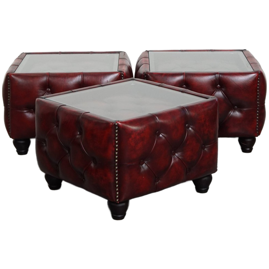 Set Van 3 Rundleren Chesterfield Bijzet/ Salontafels In Een Mooie Rode Kleur Met Glazen Bladen 1