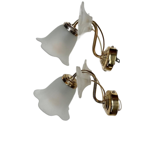 Set Van 2 Messing Art Deco Muurlampen Bloem, 1960's 1