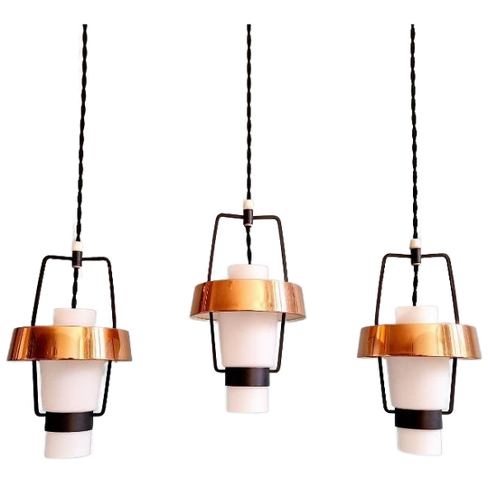 Trio Van Scandinavische Hangers In Opaline En Kopermetaal 1