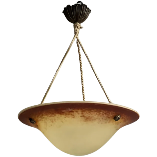 Art Deco Franse Hanglamp Gesigneerd Oranje, Beige Hanglamp 1