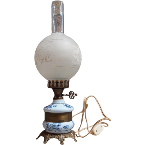 Antieke Franse Bedlamp - Model Olielamp - Keramiek - Brons