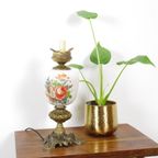 Vintage Porseleinen Lamp Met Bloemen En Messing Voet Rozen thumbnail 2