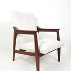 Vintage Teakhouten Fauteuil Crème Beige Stof Nieuw thumbnail 2