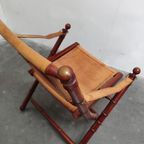 Vintage Faux Bamboo Teak And Leather Safari Folding Chair. thumbnail 4