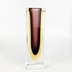 Vintage Glazen Vaas, Facet Geslepen, Rechthoekig. Roze, Geel En Kleurloos Murano Glas. Sommerso Vaas thumbnail 7