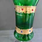 Vintage Vaas Groen Glas Op Voet Met Versieringen thumbnail 6