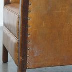 Unieke En Tijdloze Cognac-kleurige Schapenleren En Houten Art Deco Design Fauteuil thumbnail 14