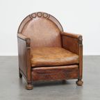 Prachtige, Karaktervolle En Unieke Luxe Schapenleren Art Deco Design Fauteuil/ Armchair thumbnail 17