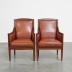 Luxe, Statige Set Van 2 Cognac Kleurige Rundleren Art Deco Design Fauteuils thumbnail 2