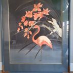 Mooi Vintage Schilderij Van Een Flamingo En Bloemen - Di Alexis thumbnail 4