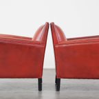 Set Van 2 Unieke, Stijlvolle, Rood Gekleurde Design Armchairs Gemaakt Van Schapenleer thumbnail 5