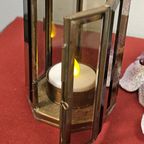 Vintage Koperen Kaars Waxine Houder  Octagoon Rookglas Geslepen thumbnail 4