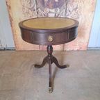 Antieke Pedestal Tafel, Bijzettafel Met Lederen Inleg, thumbnail 2