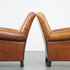 Set Van 2 Grote, Stoere En Comfortabele Vintage Cognac-kleurige Schapenleren Fauteuils/armchairs thumbnail 5