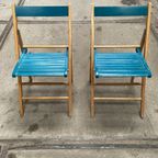 Set Van Twee Vintage Klapstoelen, Groen / Blauwe Zitting. Nederland 1980'S thumbnail 12