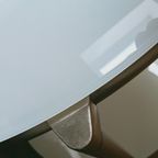 Set Van 2 Verrijdbare Ikea Rvs Met Wit Melk Glas Ronde Bijzet Tafeltjes thumbnail 5