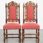Leuke Antieke Set Van 6 Hollandse Eetkamerstoelen Met Mooi Houtsnijwerk En Rode Stoffen Bekleding thumbnail 2