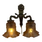 Art Deco - Antique Wall Mounted Lamp - Brass Base And Two Pink Satin Glass Shades With A Skirt Mo thumbnail 4
