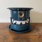 Vintage Blauw Emaille Petroleumstel – 3 Lonten – Met Onderbord thumbnail 7