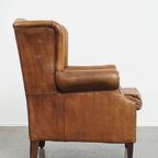 Geweldige, Karaktervolle Vintage Schapenleren Oorfauteuil Met Een Mooi Patina thumbnail 3