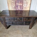 Antiek Oosters Altaar, Wandconsole Sidetable, Salontafel Met 3 Lades Afm. 70x164cm En 70cm Hoog. thumbnail 2