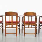 Set Van 4 Art Nouveau/ Jugendstil Design Schuitema Eetkamerstoelen Met Rode Stoffen Bekleding thumbnail 5