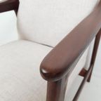 Vintage Teakhouten Fauteuil Crème Beige Stof Nieuw thumbnail 11