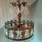 Antiek Plafond Lamp Brons Met Facet Geslepen Glas Kristal thumbnail 6