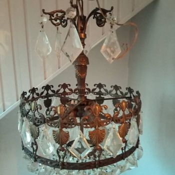 Antiek Hollywood Regency Plafond Lamp Brons Met Facet Geslepen Glas Kristal