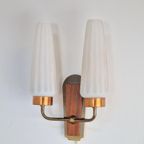 Vintage Wandlamp Deens Teak Hout Messing Melkglas ‘60 thumbnail 7