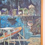 Vintage Schilderij Boot Havenzicht Op Doek ‘60 Mid Century thumbnail 7