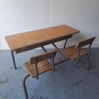 Vintage Stoere Industriële Schoolbank Uit Frankrijk. thumbnail 6